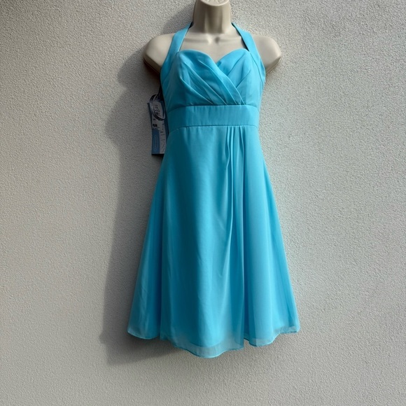 Alfred Angelo Halter Chiffon Mini Dress Blue Box Draped Prom Bridesmaid size 4 - Picture 3 of 7